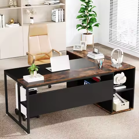 Tribesigns 71 inch Executive Desk, L Shaped Desk with Cabinet Storage, Executive Office Desk with Sh