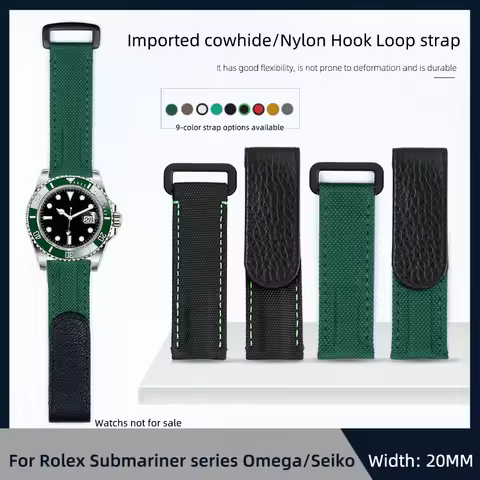 20mm Hook and Loop Strap Black/Green/Red/Gray/White/Blue for Rolex Daytona Yacht-Master Submariner O