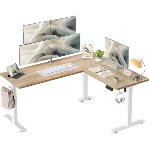 Electric Corner Desk, Adjustable Height, Maple Finish, 63x55 L-Shaped Sit-Stand Workstation with Spl
