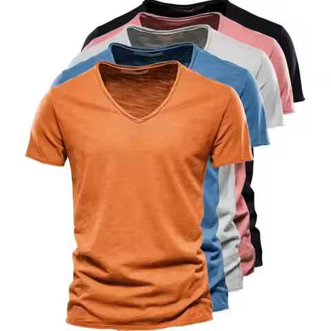 New 100% Cotton Men T Shirt Tops V Neck Thin Short Sleeve Tees High Quality Men's Fashion Fitness Ho