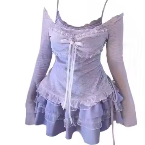 New Women Birthday Rave Korean Fashion Gyaru Y2k Coquette Outfits 2 Piece Set Fake Two Pieces Top + 