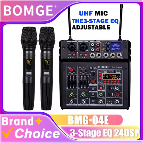 BOMGE 04E 4 Channel Sound Audio Mixer with Dual UHF Wireless Mic, Sound Console MP3 Bluetooth 48V Ph