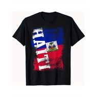 Mens Haitian Flag T-Shirt - Black with Haitian Colors - Heavyweight Cotton Tee - Vintage Caribbean H