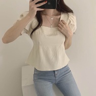 Korean Chic Retro Back Cross Bow Tie Puff Sleeve Shirt Blouse Womens Crop Top