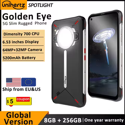 Unihertz Golden Eye 5g Ultra Slim Rugged Smartphone Camping Light 8GB 256GB 64MP Camera Cell Phone, 