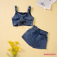 MG-Little Girls 2PCS Pants Set, Sling Plain Tie-Up Zip-Up Crop Camisole + Ruffle Short Denim Pants, 