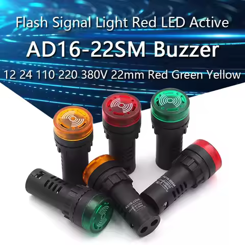 AD16-22SM 12V 24V 110V 220V 380V 22mm Flash Signal Light Red LED Active Buzzer Beep Alarm Indicator 