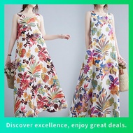 Women's Round Neck Sleeveless Dress Loose Printed Cotton and Linen Causal A-Line Dress