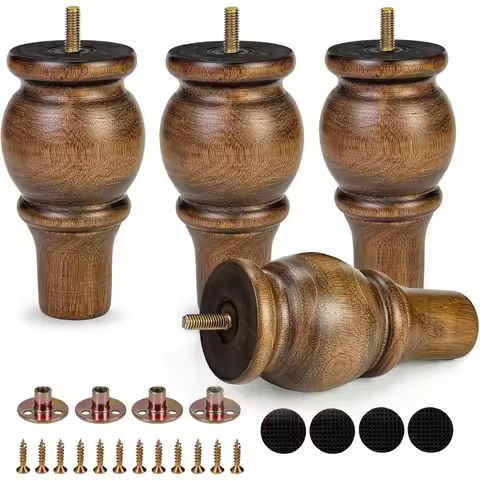 6 Inch Brown Wood Furniture Legs, 4Pcs Feet with Plates & Screws for Sofa, Cabinet, TV Stand, Bed