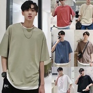 Fake Two Piece Shirt Korean Fashion T Shirt Multicolor Vintage T Shirt Men Loose Short Sleeved Eyout