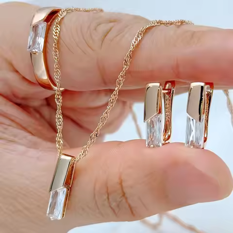 Kienl Square White Natural Zircon Ring Earrings Necklace for Women 585 Rose Gold Color Wedding Acces