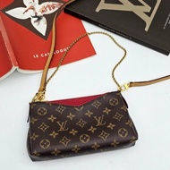 Louis Vuitton LV 老花字紋拚紅皮PALLAS二用包/手提包/肩背包/斜背包