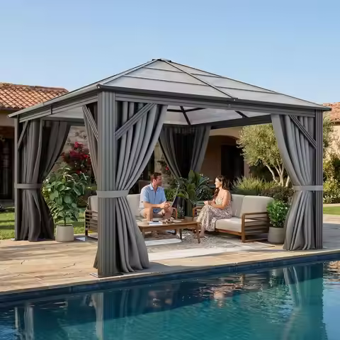10x10ft Hardtop Gazebo Polycarbonate Canopy with Netting & Curtains Metal Frame Patio Backyard Deck 