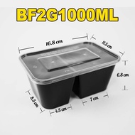 1000ml (แพ็ค 50ใบ) F2G สีดำ กล่องพลาสติก 2 ช่อง กล่องเบนโตะ กล่องพลาสติก  กล่องเหลี่ยม กล่องไมโครเวฟ กล่องข้าว กล่องใส่อาหาร