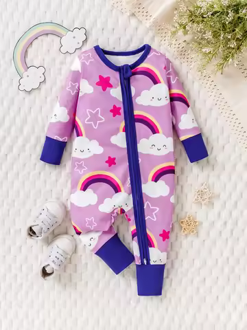 Dreamy Rainbow Baby Romper Purple Clouds And Stars Print Baby Autumn Winter Warm Harries Onesie for