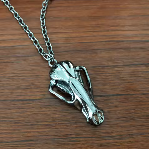 Gothic Wolf Skull Necklace Tooth Skeleton Jurassic Panther Ice Age Pendant Gunmetal Color Goth Jewel