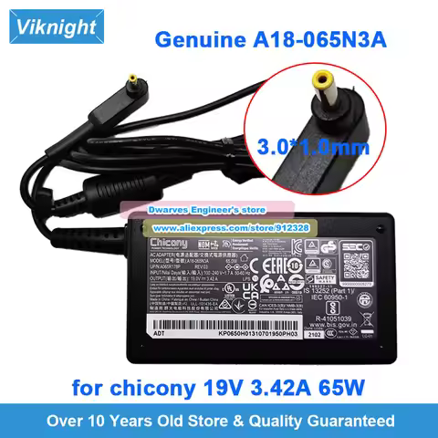 Genuine 65W CHICONY A18-065N3A AC Adapter 19V 3.42A Charger for Acer N19W2 N19H3 N20C5 N18Q13 SF313-