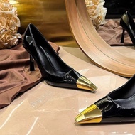 kasut perempuan wedges kasut wedges perempuan Golden Iron-Toe Stiletto Heels - Women's Patent Leathe