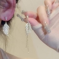 Fashion Light Luxury Micro-Inlaid Golden Leaf Tassel Earrings Female New Style Trendy Simple Style H