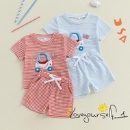 B935G-Baby Boy 4th of July Outfits Short Sleeve Cart Embroidery T Shirt + Shorts Set Toddler Clothes