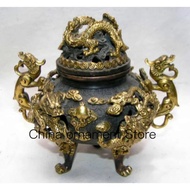 old collectable ancient bronze 9 dragons inlaid tripod Incense Burners Statues