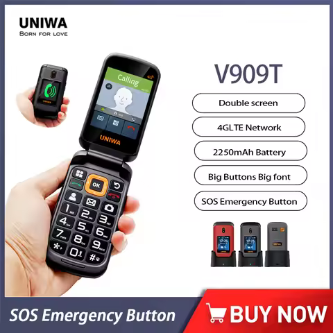UNIWA V909T 4G Flip Phone 2.8 Inch Double Screen Feature Phone Big Push-Button Telephone For Elderly