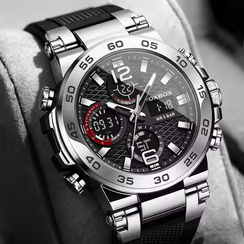 FOXBOX Men Outdoor Sports Watch Waterproof LED Analog Digital Show Multifunction Big Dial Electronic