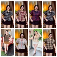 MM76 Fashion Clothes For Chubby Women Bow Tie Collar Plaid Pattern Short Sleeve Doll Very Cute. Ches