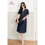 TOSON JDC12X94 charcoal blue pleated denim dress with panel pockets