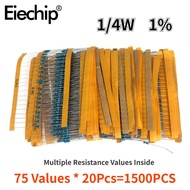 1500PCS/LOT 1/4W Kit Perintang Filem Logam 1% Perintang Pelbagai Kit Set 1R -1M Ohm hm Pek Rintangan