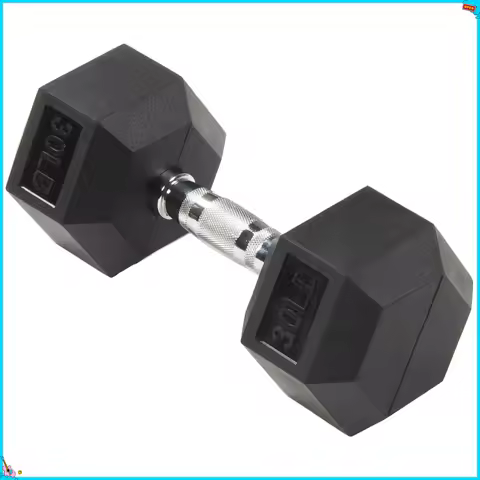 Rubber Encased Hex Dumbbell, Anti-Roll, Black, 30 lb, Assembled Product Weight, Single