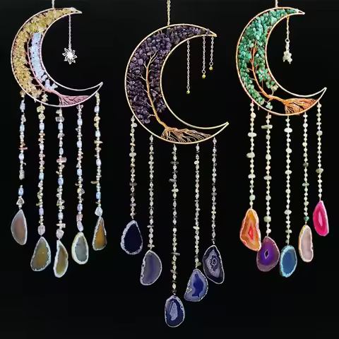 Agate Dream Catcher Natural 7 Chakra Color Gemstone Garden Living Room Decoration Wind Chime Wall De