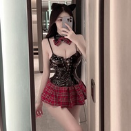 Đồ ngủ gợi cảm cosplay học sinh da PU váy sọc caro dễ thương thanh lịch set nữ sinh anime quyến rũ B