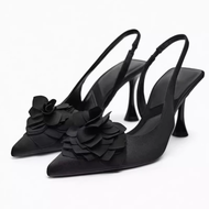 Spain style Genuine original ZARAˉ 2024 New Pointed Black Flower Decorative Dew Heeled Mule Shoes Wo
