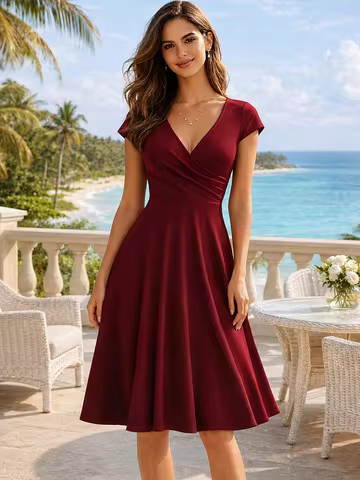 Women's Elegant Round Neck Summer Short Sleeve Solid A-Line Knee-length Dress High Waist Swagger Par