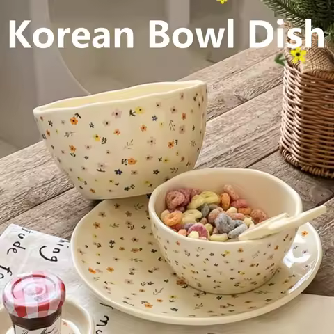 Korean Ceramic Bowl Dish with Fresh Flower Design INS Style High Appearance Level Home Domestic Rice