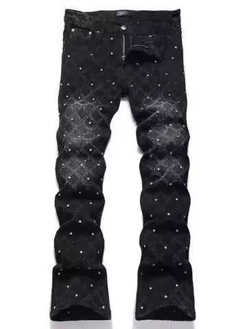 Autumn and Spring New Fashion Trend Retro High Street Printed Elastic Denim Pants Men's Casual Sport