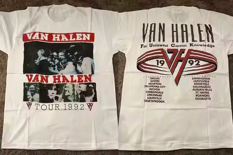 Rock Vintage Tops Van Halen Tour 1992 for Fans Heavy Cotton White T Shirt Casual Loose Crew Neck Pri
