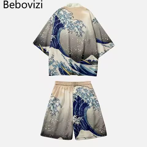 Japanese Cardigan Harajuku Traditional Ukiyo-e Waves Print Two-piece Suit Women Kimono Shorts Men Co