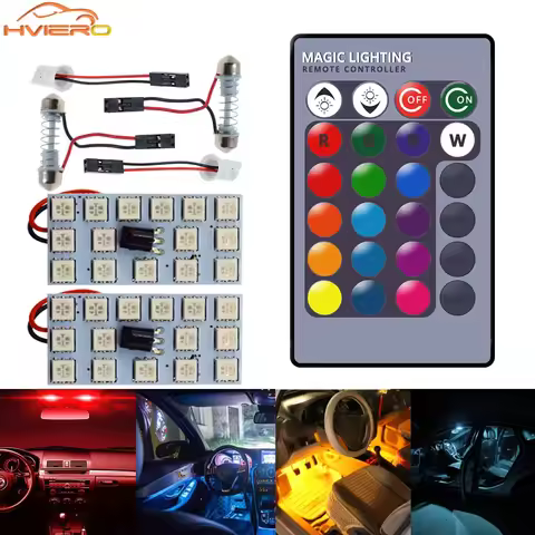 2Pcs Car Led T10 12V Remote Controller Panel Interior door Lamp Auto Adapter RGB 5050 15SMD BA9S Atm