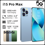 i15 Pro Max สมาร์ทโฟน RAM16GB+ROM512GB โทรศัพท์มือถือความจุขนาดใหญ่ 6800mAh โทรศัพท์มือถือหน้าจอขนาดใหญ่ 6.8 นิ้วโทรศัพท์ Android โทรศัพท์สำหรับเล่นเกมโทรศัพท์ราคาถูก