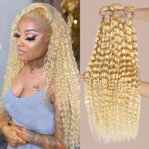 High Quality 613 Honey Blonde Colored Deep Wave Human Hair 1 3 4 Bundles Deal 28 30 32 Inch Long 100