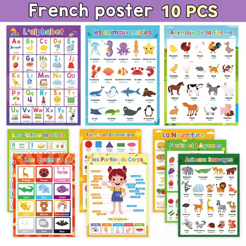 10 Sets of French Poster Animal Letters, Fruit Words Learning Aids, Early Education Posters