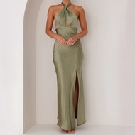 Split Dress - Solid Color Halterneck Sling Long Dress for Women