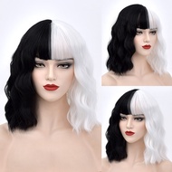 New CRUELLA De Vil Cosplay Wig Half White Half Black Synthetic Short Wavy Wigs With Bangs For Women 