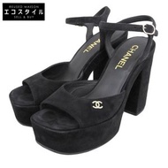 二手香奈兒麂皮 Coco Mark 高跟涼鞋，女款，黑色，尺寸 38C，尺寸 24A，G45740。