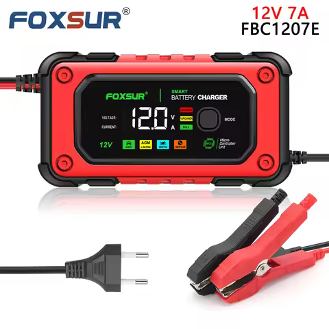FOXSUR FBC1207E 12V 7A Smart Car Battery Charger For AGM GEL LiFePO4 Auto Motorcycle Lead Acid Batte