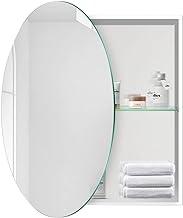 Bathroom Wall-Mounted Mirror Cabinet, Round Shape Medicine Cabinet （Turn-Over Mirror Cabinet）, Hanging Cabinet, Storage Cabinet, Surface Mounting (Color : White, Size : 60x60cm)