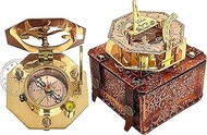 Hanzla Collection Brass &amp; Copper Sundial Compass, Antique Sundial Clock, Sun Clock in Leather Box Ship Replica Gift Sun Watch