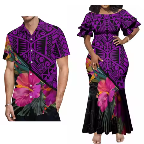 2024 New Polynesian Island Design Women'S Fishtail Dress With Sheath Long Skirt Matching Men'S Aloha